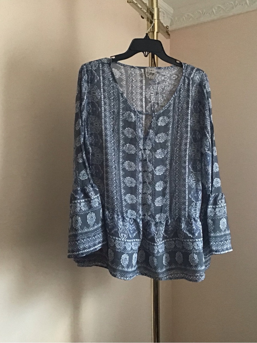 Como Vintage Slate Blue Floral Peasant Blouse